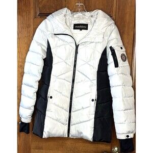 Madden NYC White and black puffer thick coat with hood Size S Women's